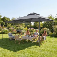 Outsunny Patio Gazebo with Double Roof Outdoor Gazebo Canopy with Extendable Shade 10.5′ x 10.5′ Dark Grey(m-8)