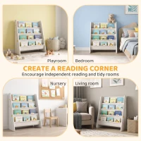 Qaba Fabric Kids Bookshelf, 4-Tier Toddler Sling Book Rack for Playroom, Bedroom, Nursery and Kids Room for Ages 3-6, White(m-7)
