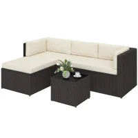 Outsunny 3 Piece Patio Furniture Set, Wicker Outdoor Patio Conversation Furniture Set with Cushions, Glass Top Table, Beige(m-11)