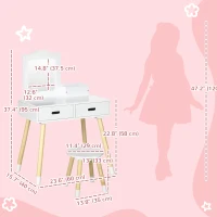Qaba Kids Vanity Set with Mirror and Stool, Makeup Dressing Table with Drawers for Children Aged 3-6 Years, White(m-3)