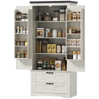 HOMCOM Farmhouse Kitchen Pantry Storage Cabinet, 64" Freestanding Kitchen Pantry Cabinet with Drawers, Distressed White(m-2)