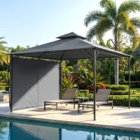 Outsunny Patio Gazebo with Double Roof Outdoor Gazebo Canopy with Extendable Shade 10.5′ x 10.5′ Dark Grey(m-1)