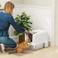 PawHut 2 in 1 Stainless Steel Cat Litter Box with Removable Lid, Scoop, Filter Bags, for Small to Large Cats, White(m-2)