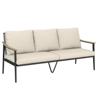 Outsunny 3 Seater Outdoor Patio Sofa, Outdoor Couch with Wood-Effect Armrests, Wicker Backrest, Cushions for Garden Yard, Khaki(m-11)