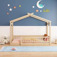 Comfortable Twin House Bed Frame with Roof and Fence, Sturdy Pinewood Platform Bed with Semi-enclosed Space, 79.5" L x 42" W x 63" H, Natural(m-4)