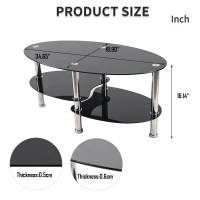 Oval Tempered Glass Coffee Table with Stainless Steel Legs, Modern Living Room Centre Table with Rounded Edges, 34.5'' L x 19'' W x 16'' H, Black(m-3)