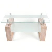 Modern Glass Coffee Table with Wood-Grain MDF Legs, Minimalist Center Table with 2-Tier Storage, 34.5'' L x 18.5'' W x 17.5'' H, Natural+Transparent(m-2)