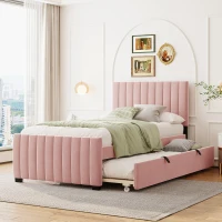 Space-Saving Twin Size Upholstered Platform Bed with Trundle Under Bed, Cozy Bed Frame with Velvet Fabric, 80" L x 41.5" W x 42.5" H, Pink(m-1)