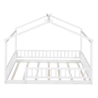 Full Size Wood House Bed with Roof and Fence, Sturdy Pinewood Bed Frame for Kids and Teens, 79.5" L x 57" W x 63" H, White(m-2)
