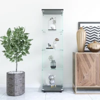 Glass Display Cabinet with Adjustable Feet and Safety Bumpers, Floor-Standing Curio Bookshelf with Tempered Glass, 16.5'' L x 14.5'' W x 64.5'' H, Black(m-5)