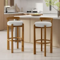 Modern Round Seat Bar Stools with Ergonomic Curved Backrest, Sherpa Padded Chairs with Integrated Footrest, 16'' L x 16.5'' W x 34'' H, Ivory+Walnut(m-1)
