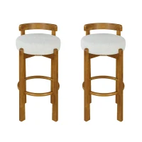 Modern Round Seat Bar Stools with Ergonomic Curved Backrest, Sherpa Padded Chairs with Integrated Footrest, 16'' L x 16.5'' W x 34'' H, Ivory+Walnut(m-4)