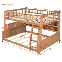 Full XL Over Queen Bunk Bed with Bulit-In Storage Shelf and Safety Rope, Useful Bed Frame with Pegboard Side Panel, 83.5" L x 62.5" W x 59" H, Brown(m-3)
