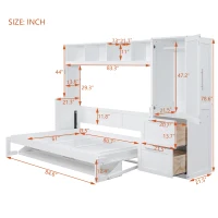 Queen Size Murphy Wall Bed with Storage Shelf, Space‑Saving Bed Frame with Integrated Closet and 2 Drawers, 112" L x 65" W x 78.5" H, White(m-3)
