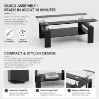 Tempered Glass Coffee Table with Tempered Glass Top, Space-Saving Center Table with Sturdy Legs, 34.5'' L x 18.5'' W x 17.5'' H, Black+Transparent(m-6)