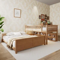 Twin XL Over Queen Bunk Bed with Built-In Storage Shelf and Safety Rope, Useful Bed Frame with Pegboard Side Panel, 83.5" L x 62.5" W x 59" H, Brown(m-4)