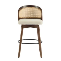 Swivel Bar Chairs with Ergonomic Curved Back, Cozy Stools with Hand‑Woven PE Cane Back, 18" L x 19" W x 35.5" H, Beige+Walnut(m-2)