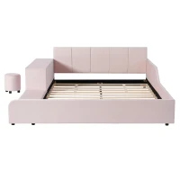 Queen-Size Upholstered Platform Bed with Bedside Desk and Stool, Cozy Bed Frame with Streamlined Structure, 84.5" L x 74" W x 28" H, Pink(m-2)