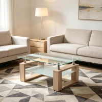 Modern Glass Coffee Table with Wood-Grain MDF Legs, Minimalist Center Table with 2-Tier Storage, 34.5'' L x 18.5'' W x 17.5'' H, Natural+Transparent(m-1)