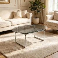 Curved Tempered Glass Coffee Table with Fingerprint-Resistant Top, Minimalist Center Table with U-Shaped Metal Legs, 35.5'' L x 23.5'' W x 15'' H, Grey(m-1)