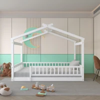 Full Size Wood House Bed with Roof and Fence, Sturdy Pinewood Bed Frame for Kids and Teens, 79.5" L x 57" W x 63" H, White(m-4)