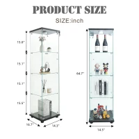 Floor-Standing Curio Bookcase with Tempered Glass Door, LED Glass Display Cabinet with Adjustable Feet, 16.5'' L x 14.5'' W x 64.5'' H, Black(m-3)