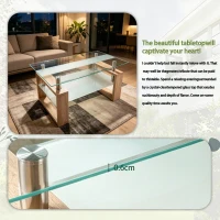 Modern Glass Coffee Table with Wood-Grain MDF Legs, Minimalist Center Table with 2-Tier Storage, 34.5'' L x 18.5'' W x 17.5'' H, Natural+Transparent(m-5)