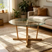 Round Tempered Glass Coffee Table with Solid Iron Legs, Modern Center Table with Stable Frame, 27.5'' L x 27.5'' W x 14.5'' H, Natural+Transparent(m-1)
