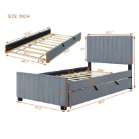 Space-Saving Twin Size Upholstered Platform Bed with Trundle Under Bed, Cozy Bed Frame with Velvet Fabric, 80" L x 41.5" W x 42.5" H, Gray(m-3)