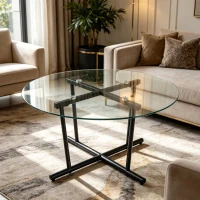Round Tempered Glass Coffee Table with Solid Iron Legs, Modern Center Table with Stable Frame, 27.5'' L x 27.5'' W x 14.5'' H, Black+Transparent(m-1)