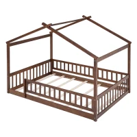 Full Size Wood House Bed with Roof and Fence, Sturdy Pinewood Bed Frame for Kids and Teens, 79.5" L x 57" W x 63" H, Walnut(m-5)