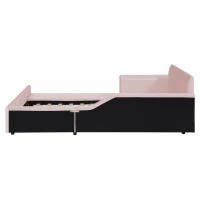 Queen-Size Upholstered Platform Bed with Bedside Desk and Stool, Cozy Bed Frame with Streamlined Structure, 84.5" L x 74" W x 28" H, Pink(m-8)