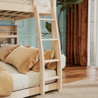 Full XL Over Queen Bunk Bed with Built-In Storage Shelf and Safety Rope, Useful Bed Frame with Pegboard Side Panel, 83.5" L x 62.5" W x 59" H, Beige(m-8)