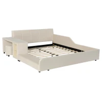 Queen-Size Upholstered Platform Bed with Bedside Desk and Stool, Cozy Bed Frame with Streamlined Structure, 84.5" L x 74" W x 28" H, Beige(m-5)