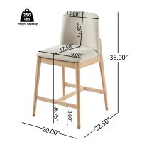 Counter Height Bar Stool Set of 2 with Rubberwood Construction, Modern Bar Chairs with Padded Upholstered Seat, 20'' L x 22.5'' W x 38'' H, Natural(m-3)