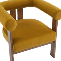 Round Arm Accent Chair with Velvet Upholstery, Curved Backrest Armchair with Solid Birch Wood Base, 31'' L x 29'' W x 30'' H, Mustard Yellow+Walnut(m-9)