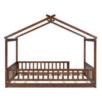 Full Size Wood House Bed with Roof and Fence, Sturdy Pinewood Bed Frame for Kids and Teens, 79.5" L x 57" W x 63" H, Walnut(m-7)