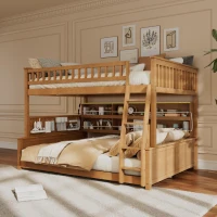 Full XL Over Queen Bunk Bed with Bulit-In Storage Shelf and Safety Rope, Useful Bed Frame with Pegboard Side Panel, 83.5" L x 62.5" W x 59" H, Brown(m-4)
