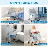 HOMCOM Rolling Shower Chair, Bedside Commode Wheelchair with Padded Seat, Backrest, for Seniors, Disabled, 300 lbs, Grey(m-4)