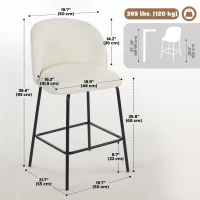 HOMCOM Set of 2 Counter Height Barstools, Upholstered Linen Bar Stools with Backrest, Footrest and Steel Legs, Cream White(m-3)