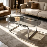 Curved Tempered Glass Coffee Table with Fingerprint-Resistant Top, Minimalist Center Table with U-Shaped Metal Legs, 35.5'' L x 23.5'' W x 15'' H, Grey(m-7)