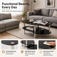 Oval Tempered Glass Coffee Table with Stainless Steel Legs, Modern Living Room Centre Table with Rounded Edges, 34.5'' L x 19'' W x 16'' H, Black(m-6)