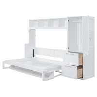 Space-Saving Full Size Murphy Wall Bed with Integrated Shelf, Customizable Bed Frame with Closet and 2 Drawers, 107.5" L x 58" W x 72" H, White(m-8)