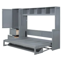 Queen Size Murphy Wall Bed with Storage Shelf, Space‑Saving Bed Frame with Integrated Closet and 2 Drawers, 112" L x 65" W x 78.5" H, Gray(m-8)
