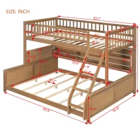 Twin XL Over Queen Bunk Bed with Built-In Storage Shelf and Safety Rope, Useful Bed Frame with Pegboard Side Panel, 83.5" L x 62.5" W x 59" H, Brown(m-3)