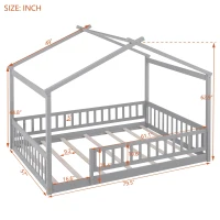 Full Size Wood House Bed with Roof and Fence, Sturdy Pinewood Bed Frame for Kids and Teens, 79.5" L x 57" W x 63" H, Gray(m-3)