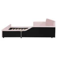 Full Size Upholstered Platform Bed with Bedside Desk and Stool, Cozy Bed Frame with Streamlined Structure, 79.5" L x 68" W x 28" H, Pink(m-8)
