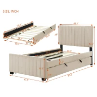 Space-Saving Twin Size Upholstered Platform Bed with Trundle Under Bed, Bed Frame with Velvet Fabric, 80" L x 41.5" W x 42.5" H, Beige(m-3)