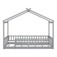 Comfortable Twin House Bed Frame with Roof and Fence, Sturdy Pinewood Platform Bed with Semi-enclosed Space, 79.5" L x 41.5" W x 63" H, Walnut(m-2)