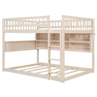 Full Over Full Bunk Bed with Convenient Storage Headboard, Unique Bed Frame with Multi-Color Light Strip, 79" L x 57.5" W x 57" H, Beige(m-10)